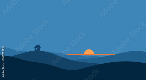 Minimalist landscape with silhouetted house at sunset
