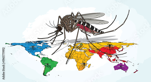 Mosquitoes on colorful world map spread across continents Africa South America Asia Australia Europe North America disease danger