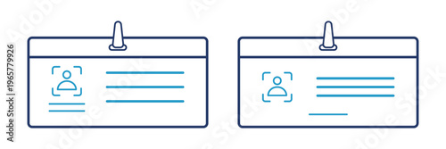 ID Badge Icon Set with Photo and Text in Line and Outline Style, Flat Vector Symbol for Business, Conference, Employee, UI UX, Web App, Name Tag Design. Identification Cards and Folder Icons 