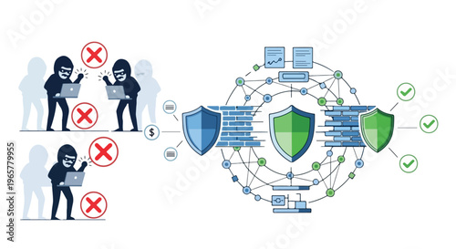 Flat 2D illustration of cyber attack protection with a shield and network diagram, representing financial transaction data security in a business context.