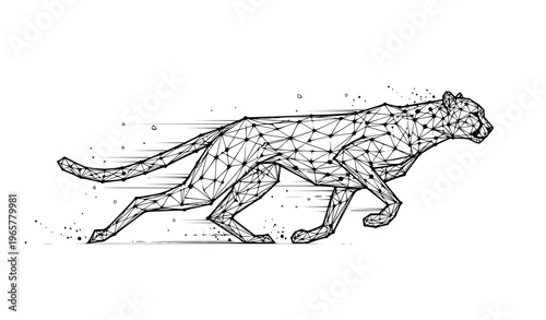 Stylized low poly wireframe cheetah vector with connected dots lines triangles and speed motion technology concept isolated on white
