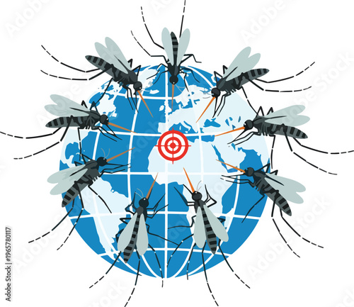 Multiple mosquitoes surrounding blue globe planet with red target symbol over africa showing international efforts to combat deadly tropical diseases