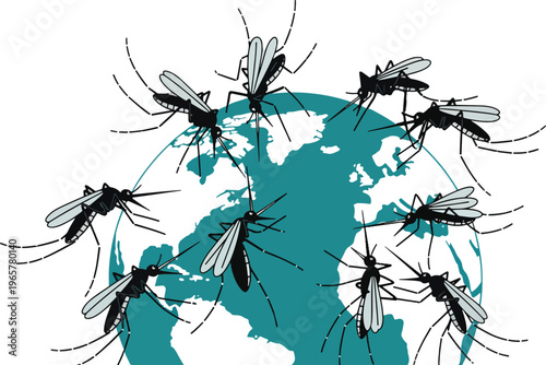 Swarm of mosquitoes attacking green planet earth representing environmental changes and rising risk of insect borne illness in different hemispheres