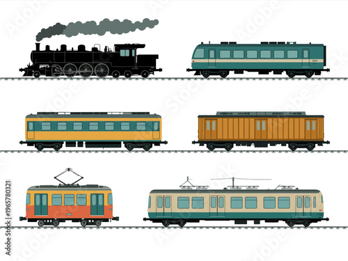 Train icons and transport symbols with locomotives rails and wagons