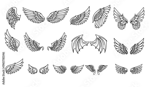 Wing Vector Illustration Set in Black Outline Style with Angel Eagle Fantasy Feather Wings Design Elements
