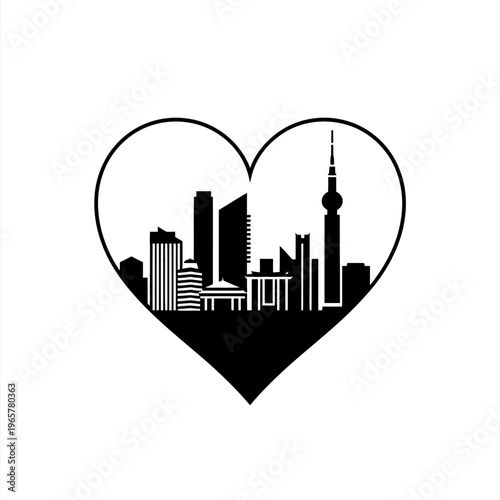 City skyline black and white urban illustration with skyscrapers and business icons