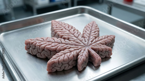 Raw meat cut into leaf shapes on a metal tray in kitchen
