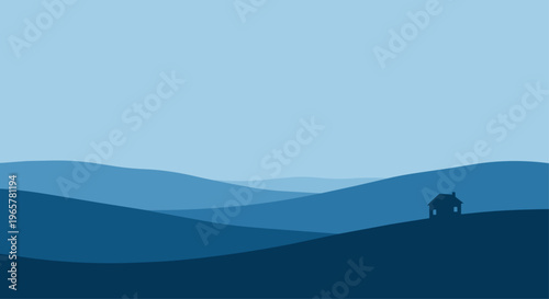 Tranquil landscape scenes depicting houses trees and hills in monochrome blue