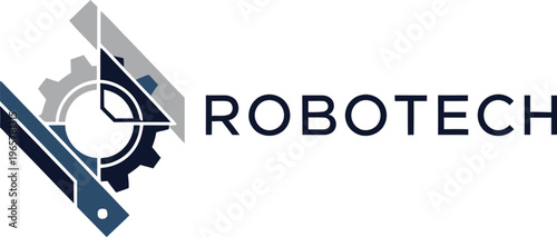 A modern Robotech logo with gears and robotic elements on a clean white background