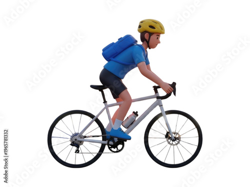 Young man cycling on road bike with backpack isolated transparent bg cutout PNG