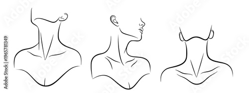 Minimalist line art illustrations of the female neck and shoulders from three different angles