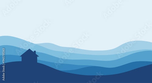 Abstract silhouette of house over blue landscape vector illustration