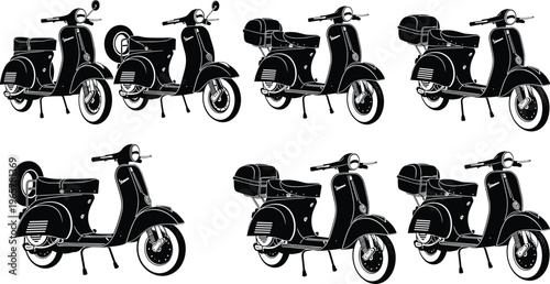 Vintage classic scooter vector silhouette set, retro italian motor bike collection, urban transportation lifestyle symbols, antique moped outline illustration for graphic design projects