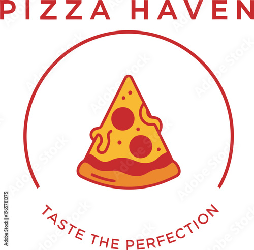 A logo for a pizza restaurant called Pizza Haven with a slice of pizza and the tagline Taste the Perfection