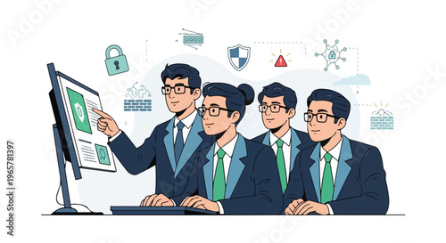 Illustration of four business professionals in suits examining data on a computer monitor with cyber security icons floating above, depicting a financial transaction protection concept in a flat 2D