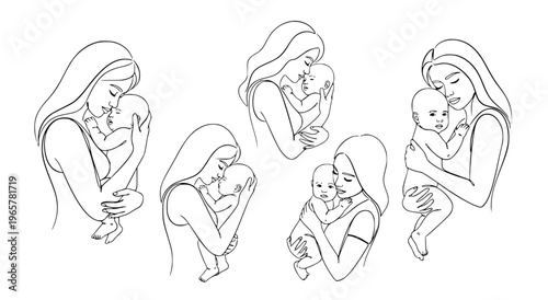 A tender collection of line art illustrations capturing the profound connection and loving embrace between mothers and their precious babies, celebrating the heartwarming essence of maternal care