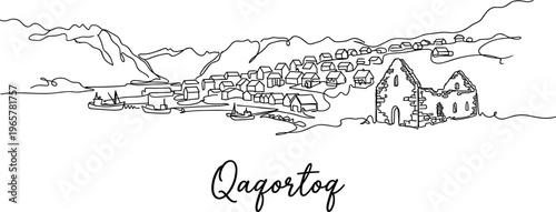 Qaqortoq Greenland cityscape skyline with mountain landscape and harbor one line drawing vector illustration