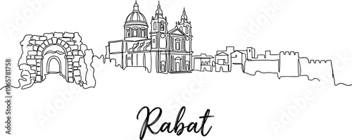 Rabat Malta city skyline with historical landmarks in continuous line art vector illustration