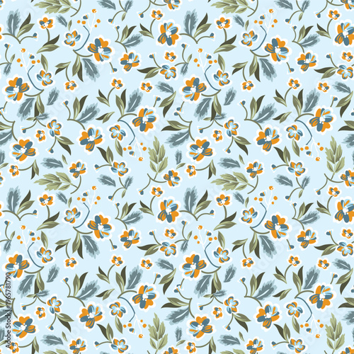 A dark blue background is covered with a delicate floral pattern of small flowers
