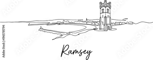 Ramsey Isle of Man skyline with tower continuous line drawing vector illustration