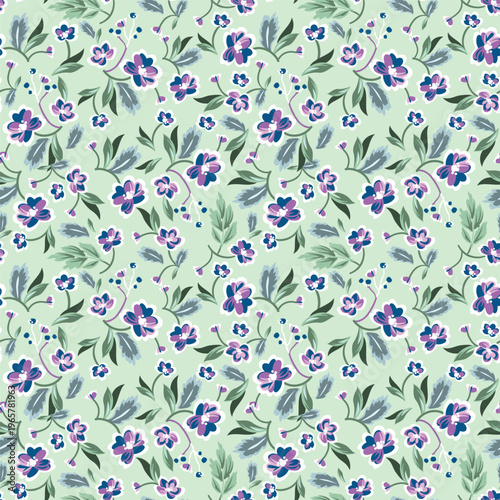 A dark blue background is covered with a delicate floral pattern of small flowers
