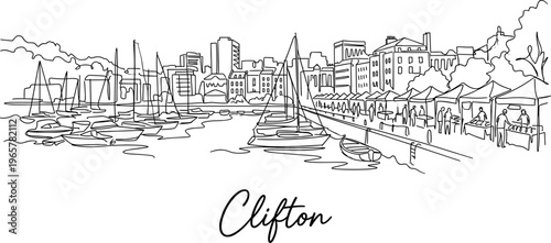Clifton harbor waterfront with boats and market stalls line art illustration