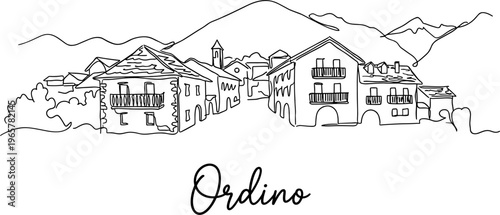 Continuous line art drawing of Ordino village architecture in Andorra mountains vector illustration