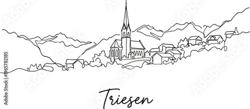 Continuous line art of Triesen Liechtenstein village skyline and mountains minimalist illustration