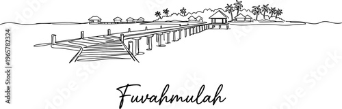 Fuvahmulah Maldives tropical island resort with wooden pier continuous line drawing