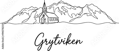 Grytviken church and mountains isolated continuous line art vector illustration