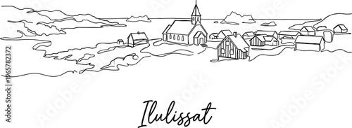Ilulissat Greenland coastal townscape with Zion Church continuous line drawing vector illustration
