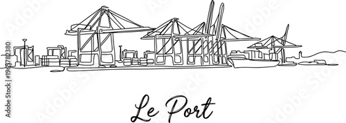 Industrial harbor with cranes and cargo ship continuous line art vector illustration
