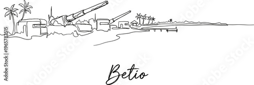 Minimalist continuous line art of Betio Kiribati coastal guns on tropical beach vector illustration