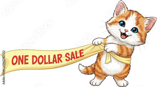 A cute orange and white kitten holding a yellow banner with a one dollar sale sign