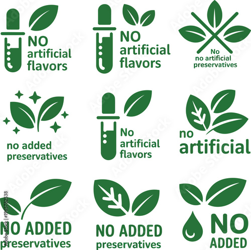 Artificial preservatives flavors no added green labels for product quality guarantee clean flat vector design for packaging and branding