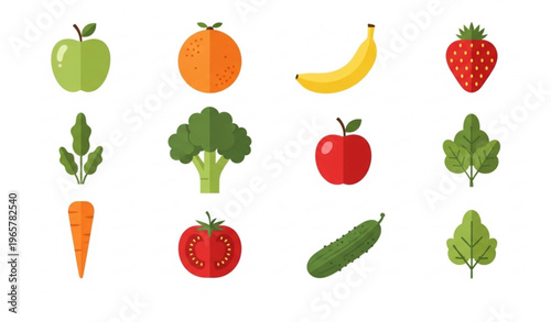 Fruits and vegetables vector set with healthy food icons for nutrition design
