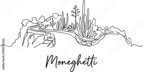 Minimalist continuous line drawing of Moneghetti Monaco garden landscape with cacti vector