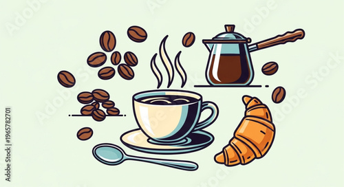 Coffee Cup with Croissant and Beans.