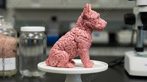 Brain dog model on display in lab with jar and microscope
