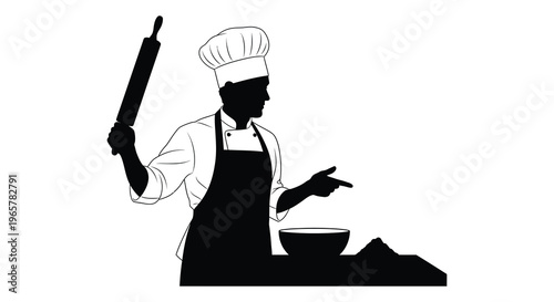 A chef presenting with tools a bowl and a distinctive silhouette