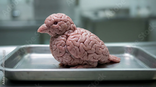 A brain-like creature resembling a bird sits on a metal tray in a laboratory setting.