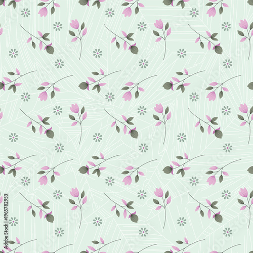 A dark blue background is covered with a delicate floral pattern of small flowers
