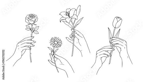 Delicate line art illustrations of hands gently holding various beautiful blooming flowers