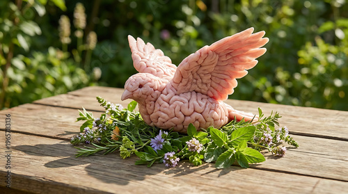 A brain-like sculpture of a bird sits on a wooden table surrounded by greenery and flowers outdoors.