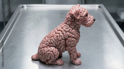 A surreal sculpture of a dog with a brain-like texture sits on a metal table in a laboratory setting.