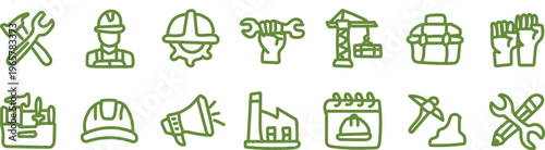 A collection of green construction icons on a white background