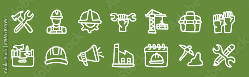 A collection of white construction icons on a green background