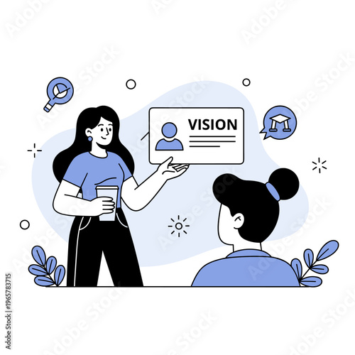 Female mentor presenting vision concept to female colleague in blue and white illustration