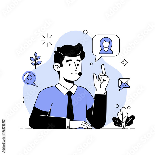 Caucasian young male customer support agent with headset and thought bubble in office setting