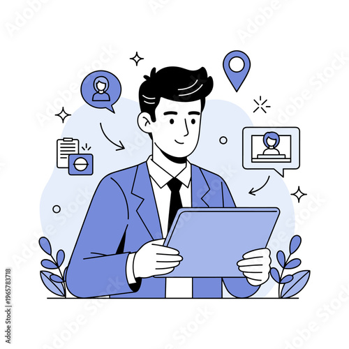 Young caucasian male professional using tablet for communication and networking